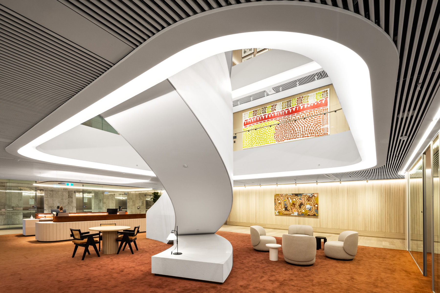 An office lobby with modern interiors and lighting